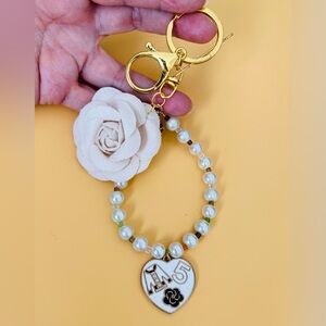 Pearl Beaded Keychain with Heart Charm and Fabric Flower